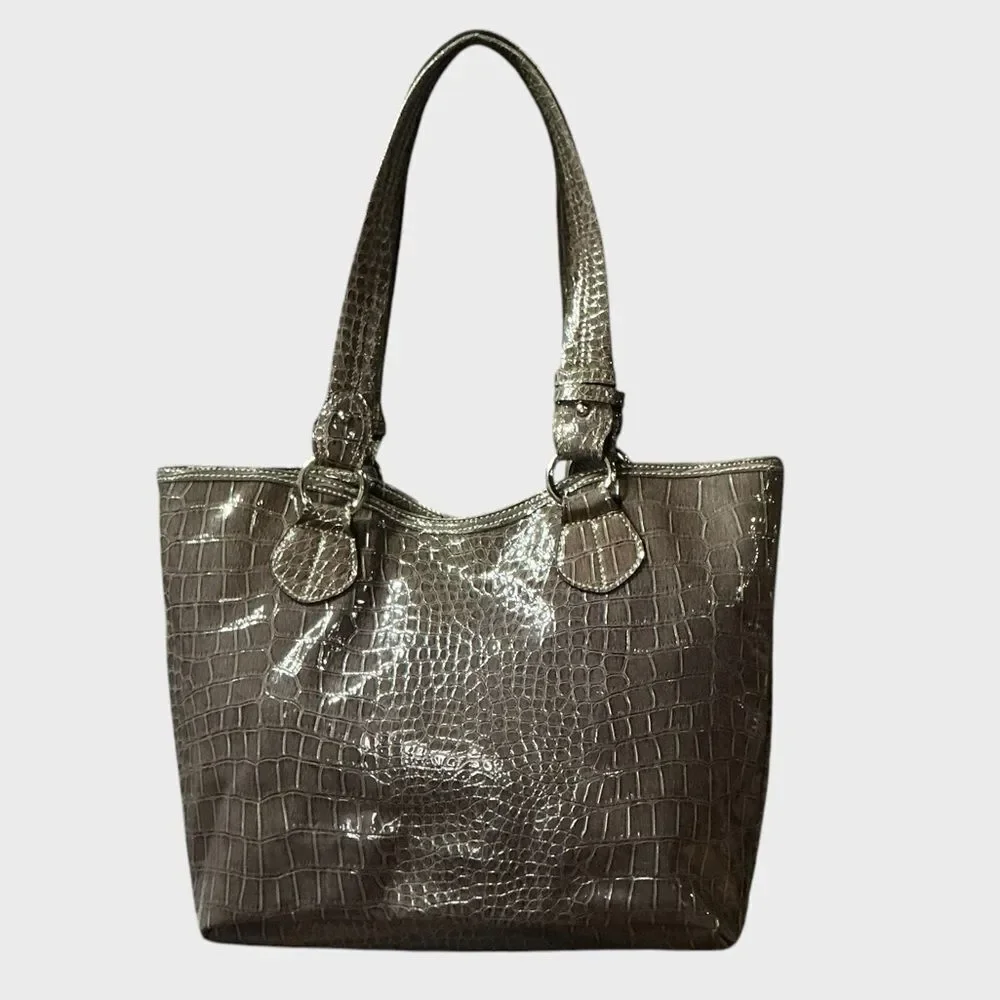 Nine West Croc Embossed Patent Tote Shoulder Bag Brown Glossy Faux Leather
